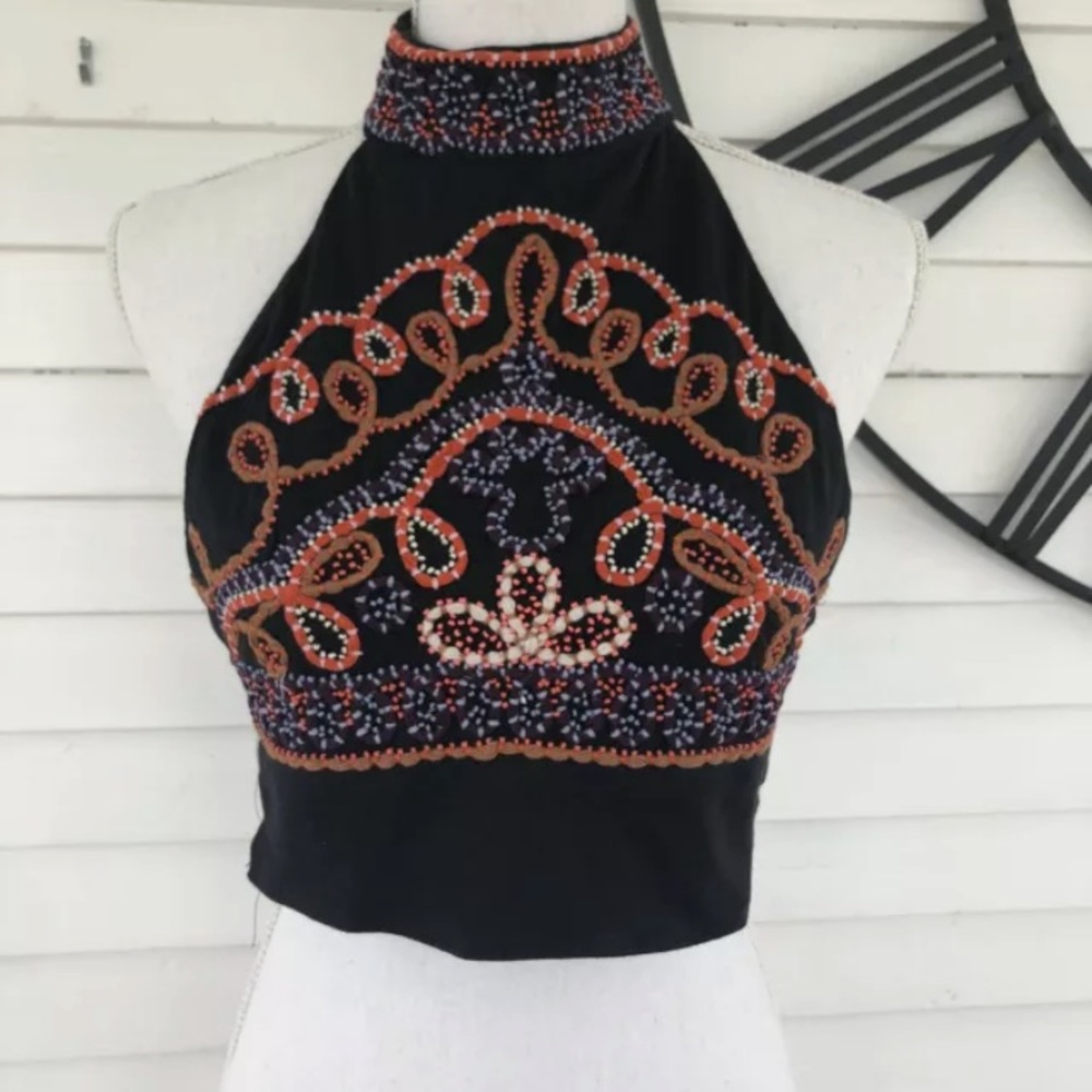 Free People Black Combo Cropped Beaded Halter XS